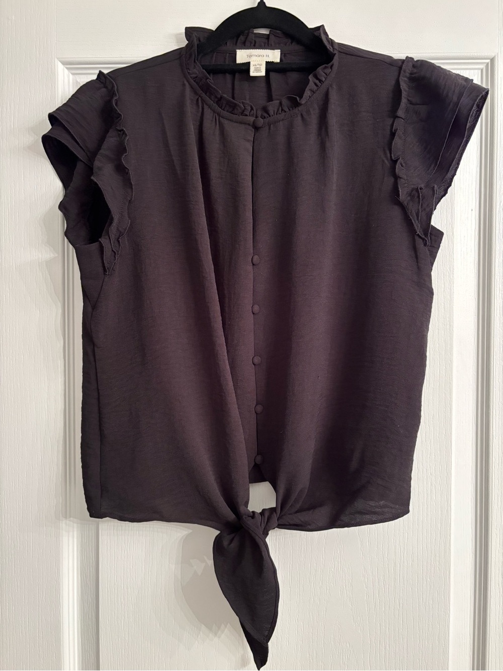 TAMARA H Tie-Front Ruffle Sleeve Blouse in Black